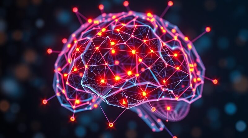 Abstrakcyjny mózg cyfrowy z połączonych węzłów, odzwierciedlający zespołową pracę AI, w stylu art nouveau.