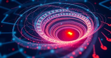 Abstrakcyjna wizualizacja AI analizującego dane pojazdów; ostrzegawczy blask na jednym pojeździe.