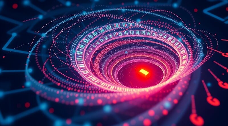 Abstrakcyjna wizualizacja AI analizującego dane pojazdów; ostrzegawczy blask na jednym pojeździe.