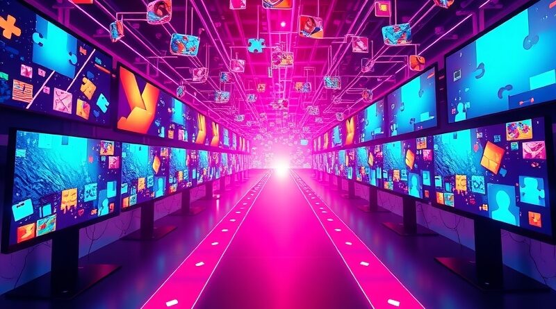 Strumienie wideo łączą się w interaktywne elementy gier: puzzle, klocki i neonowe ścieżki.