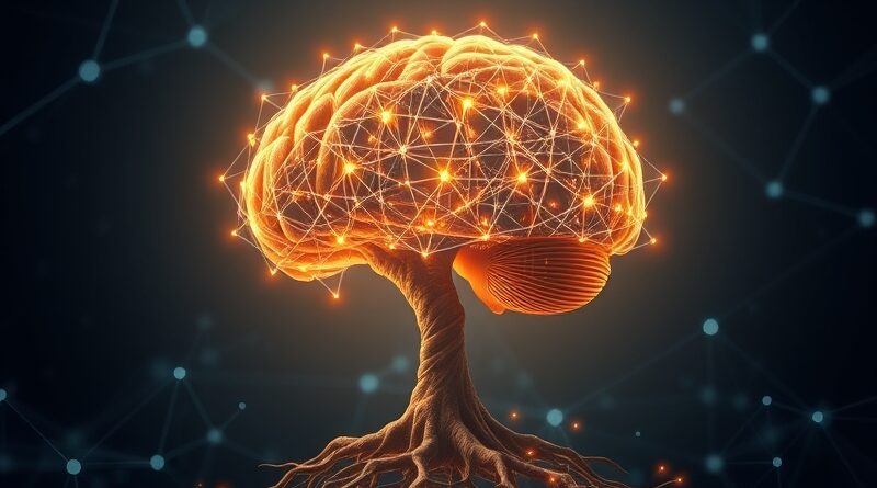 Świecące drzewo w kształcie mózgu, korzenie to etyka AI, owoce to dane, sieć współpracy.