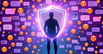 Futurystyczna tarcza AI chroni sylwetkę sportowca przed nienawistnymi wiadomościami. Symbolizuje ochronę przed cyberprzemocą.