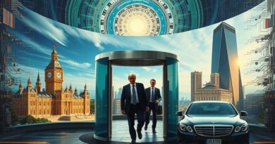 Surrealistyczne przedstawienie byłych brytyjskich polityków przechodzących między Parlamentem a Silicon Valley przez obrotowe drzwi z obwodów.