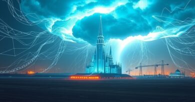 Futurystyczne centra danych podświetlone przez sieć danych i energetyczną burzę, symbolizujące rosnące zużycie energii.