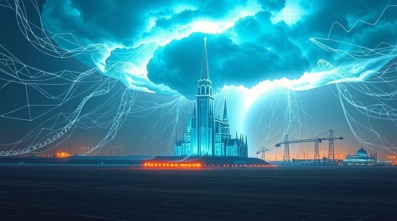 Futurystyczne centra danych podświetlone przez sieć danych i energetyczną burzę, symbolizujące rosnące zużycie energii.