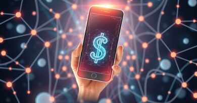 Stylizowany smartfon w sieci, symbolizujący wzrost i zasięg aplikacji ChatGPT, z fractalem i dolarem.