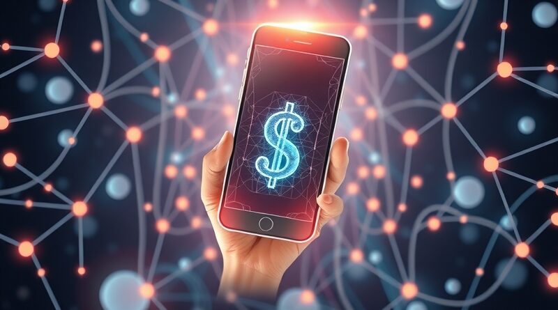 Stylizowany smartfon w sieci, symbolizujący wzrost i zasięg aplikacji ChatGPT, z fractalem i dolarem.