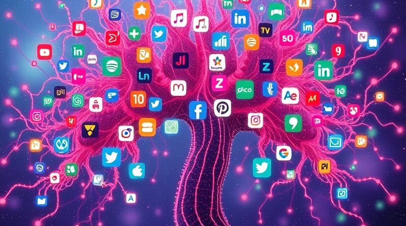 Cyfrowy ogród: Ikony aplikacji (DoorDash, Spotify, Zillow) wyrastające z sieci neuronowej. Personalizacja i automatyzacja zadań w ChatGPT.