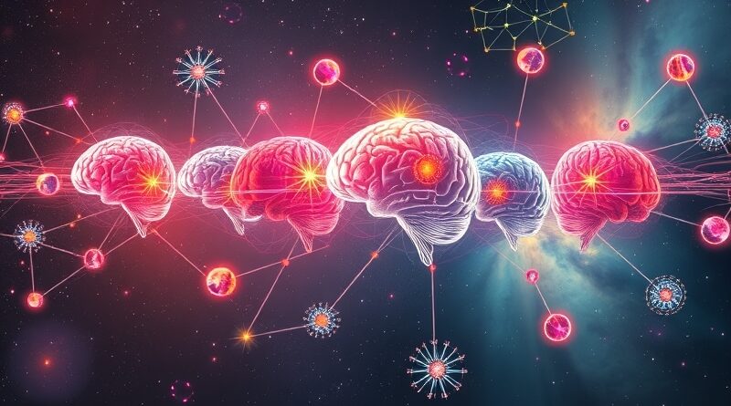 Sieć eterycznych mózgów w kosmosie, każdy emanujący kolorem reprezentującym unikalną osobowość AI. Personalizacja ChatGPT.