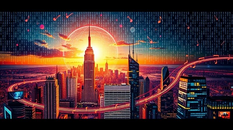 Futurystyczna mozaika: chaos kodu ewoluuje w harmonijną metropolię, odzwierciedlając wyzwania i rozwój ChatGPT.