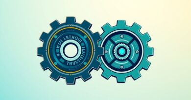 Zębatki Coursery i Udemy łączą się, symbolizując fuzję i rozwój platformy e-learningowej napędzanej AI.