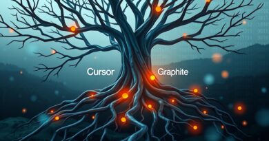 Splątane korzenie sieci neuronowej łączą się w monolity "Cursor" i "Graphite". Integracja AI w rozwoju oprogramowania.