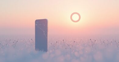 Rozmywająca się sylwetka smartfona przechodzi w pole sieci neuronowych, nad horyzontem futurystyczny pierścień - symbol „myślowego towarzysza”.