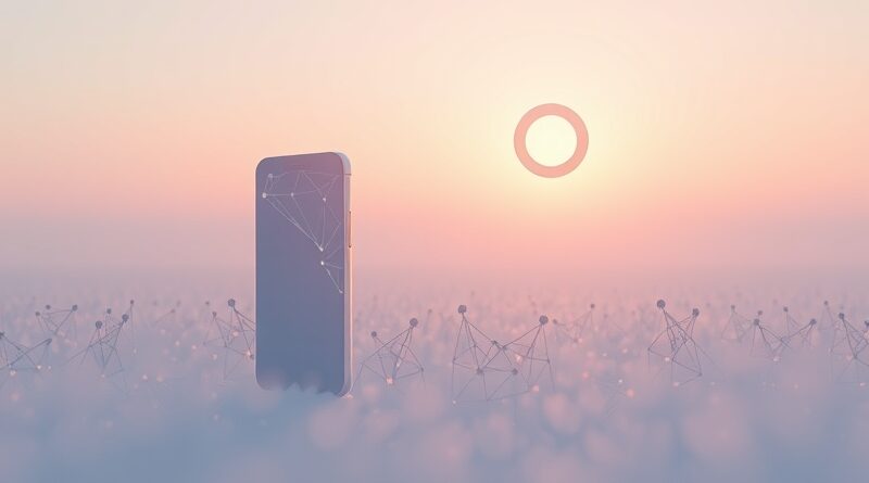 Rozmywająca się sylwetka smartfona przechodzi w pole sieci neuronowych, nad horyzontem futurystyczny pierścień - symbol „myślowego towarzysza”.