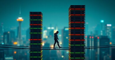 Ryzykowna przeprawa AI nad przepaścią: konserwatywny wzrost kontra brawura, miasta centrów danych w tle.