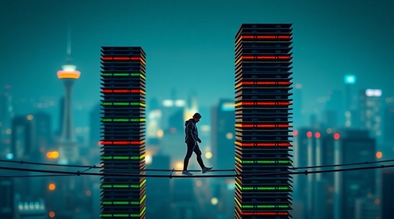 Ryzykowna przeprawa AI nad przepaścią: konserwatywny wzrost kontra brawura, miasta centrów danych w tle.