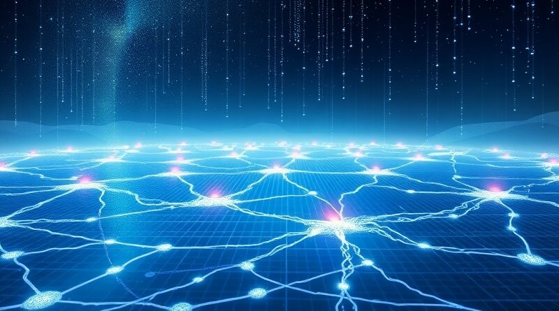 Eteryczne jezioro odzwierciedla neuronalne ścieżki danych, nad nim konstelacja w kształcie logo Databricks.