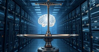 Barokowa waga: serwery i kable kontra ludzki mózg, w tle fraktalny krajobraz kodu.