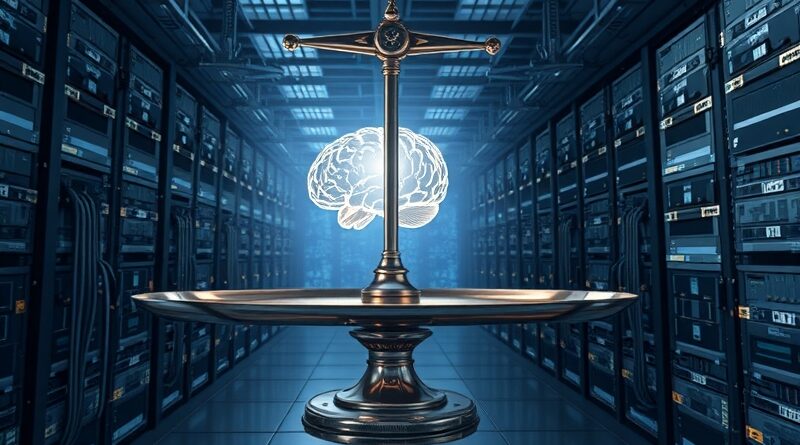 Barokowa waga: serwery i kable kontra ludzki mózg, w tle fraktalny krajobraz kodu.