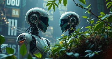 Fuzja technologii i natury: roboty w cyfrowo-organicznym krajobrazie, symbolizujące "fizyczną AI" EY i NVIDII.