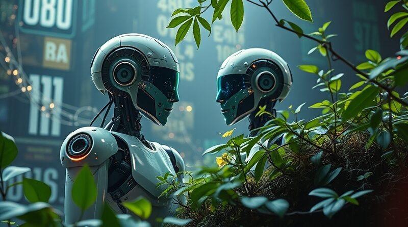 Fuzja technologii i natury: roboty w cyfrowo-organicznym krajobrazie, symbolizujące "fizyczną AI" EY i NVIDII.