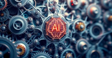 Skomplikowana sieć kół zębatych otaczająca pulsujący rdzeń AI, symbolizująca niedoceniony potencjał automatyzacji korporacyjnej.