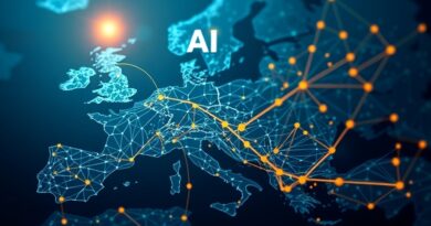 Futurystyczna sieć startupów Europy, z węzłem AI i połączeniami z USA.