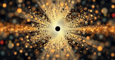 Skupione fale dźwiękowe w złotych i srebrnych barwach na tle głębokiego błękitu. Fortell – przyszłość słyszenia.