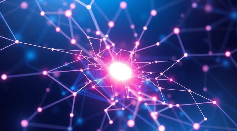 Abstrakcyjna sieć FunctionGemma, emanująca z urządzenia brzegowego, symbolizuje lokalną inteligencję i wywoływanie funkcji API.