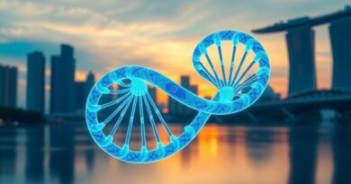 Futurystyczna helisa DNA splatająca się z krzemową płytką, symbolizująca połączenie biofarmacji, półprzewodników i AI Galateku.