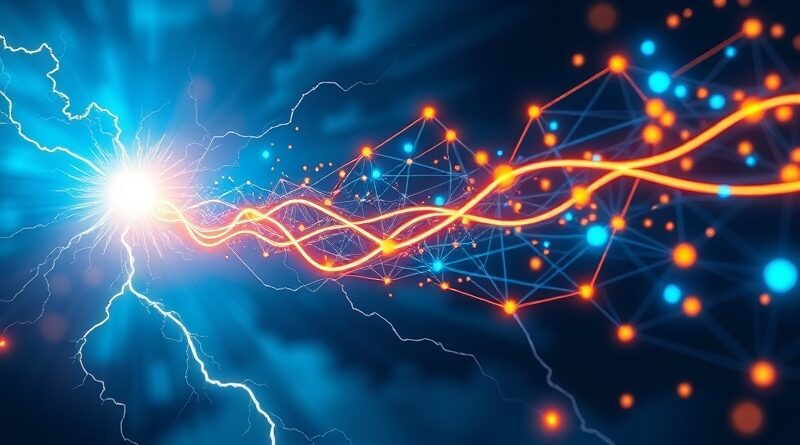 Abstrakcyjne połączenie błyskawicy i sieci węzłów, symbolizujące szybkość i efektywność AI Gemini 3 Flash.