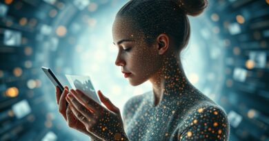 Cyfrowy archiwista z cząstek światła porządkuje wspomnienia wśród wiru danych. Nostalgiczna retrospekcja Google Photos.