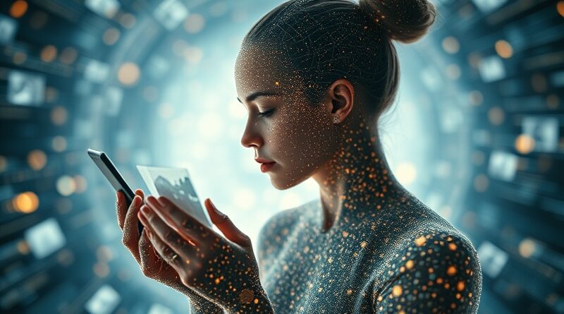 Cyfrowy archiwista z cząstek światła porządkuje wspomnienia wśród wiru danych. Nostalgiczna retrospekcja Google Photos.