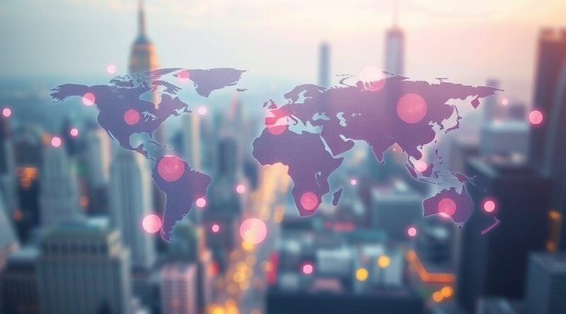 Abstrakcyjne, eteryczne połączenie języków w tłumaczeniu w czasie rzeczywistym, na tle rozmytego miasta.