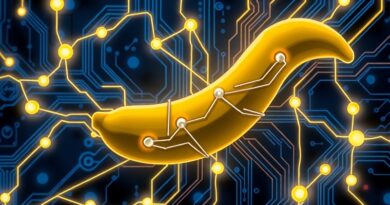 Abstrakcyjna płyta główna z bananami-węzłami sieci neuronowej, świecące obwody, futurystyczna technologia Google Gemini Nano.