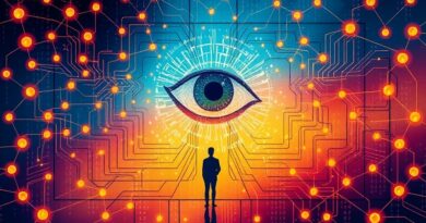 Abstrakcyjna sieć neuronowa symbolizująca spersonalizowaną AI Google, z okiem w centrum i sylwetką człowieka u wejścia.