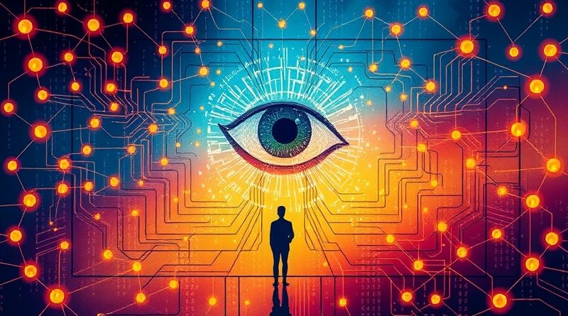 Abstrakcyjna sieć neuronowa symbolizująca spersonalizowaną AI Google, z okiem w centrum i sylwetką człowieka u wejścia.