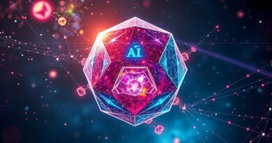 Abstrakcyjna, świetlista struktura przypominająca klejnot, symbolizująca przepływy pracy AI w kosmicznym tle.