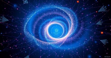 Abstrakcyjna wizualizacja Gemini 3 Flash: wirujące światło, geometria, futurystyczna elegancja, błękity, fiolety, oranże.