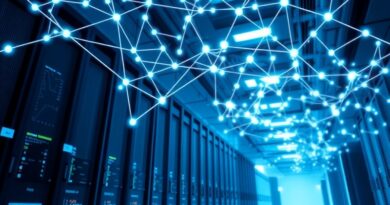 Abstrakcyjna sieć nerwowa na tle centrum danych Google Cloud, symbolizująca agentów AI.