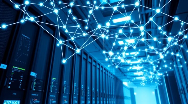 Abstrakcyjna sieć nerwowa na tle centrum danych Google Cloud, symbolizująca agentów AI.