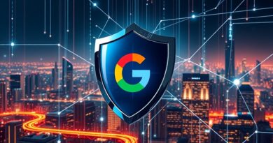 Futurystyczna tarcza Chrome chroni miasto z sieci danych, odzwierciedlając logo Google i bezpieczeństwo online.