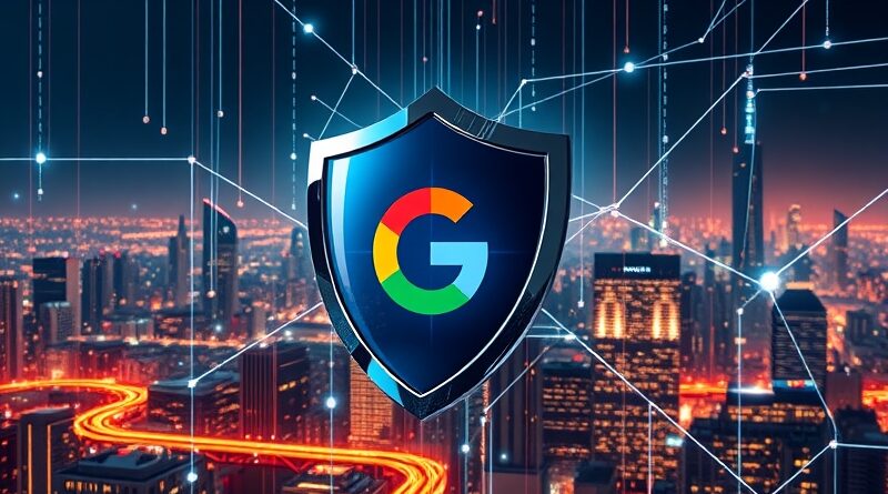 Futurystyczna tarcza Chrome chroni miasto z sieci danych, odzwierciedlając logo Google i bezpieczeństwo online.