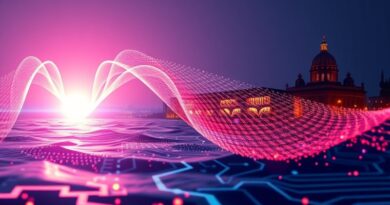 Abstrakcyjna fala dźwiękowa jako rzeka światła wypływająca z Paryża, symbolizująca wielojęzyczne modele głosowe AI Gradium.