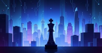 Abstrakcyjna, futurystyczna panorama miasta w odcieniach błękitu i fioletu. Szachowa figura z kodu binarnego symbolizuje cyberobronę.