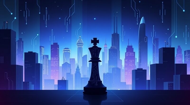 Abstrakcyjna, futurystyczna panorama miasta w odcieniach błękitu i fioletu. Szachowa figura z kodu binarnego symbolizuje cyberobronę.