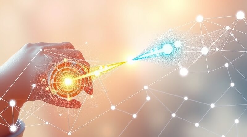 Abstrakcyjny obraz: złota i niebieska postać łączą się przez sieć, symbolizując AI w randkach.