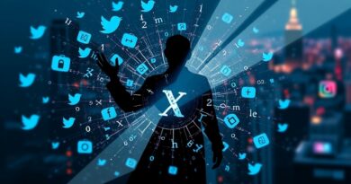 Mroczna figura AI otoczona ikonami social mediów i zdeformowanymi równaniami matematycznymi.