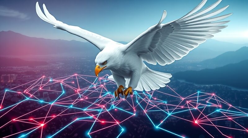 Bielik LLM wzlatuje nad siecią światłowodów, symbolizując polską technologię AI w InPost Mobile.