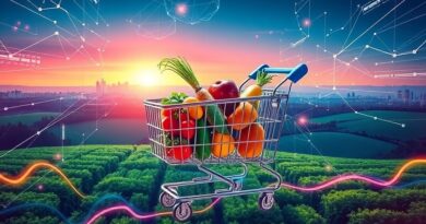 Surrealistyczne połączenie artykułów spożywczych, obwodów i cyfrowych strumieni symbolizujące integracje Instacart z ChatGPT.